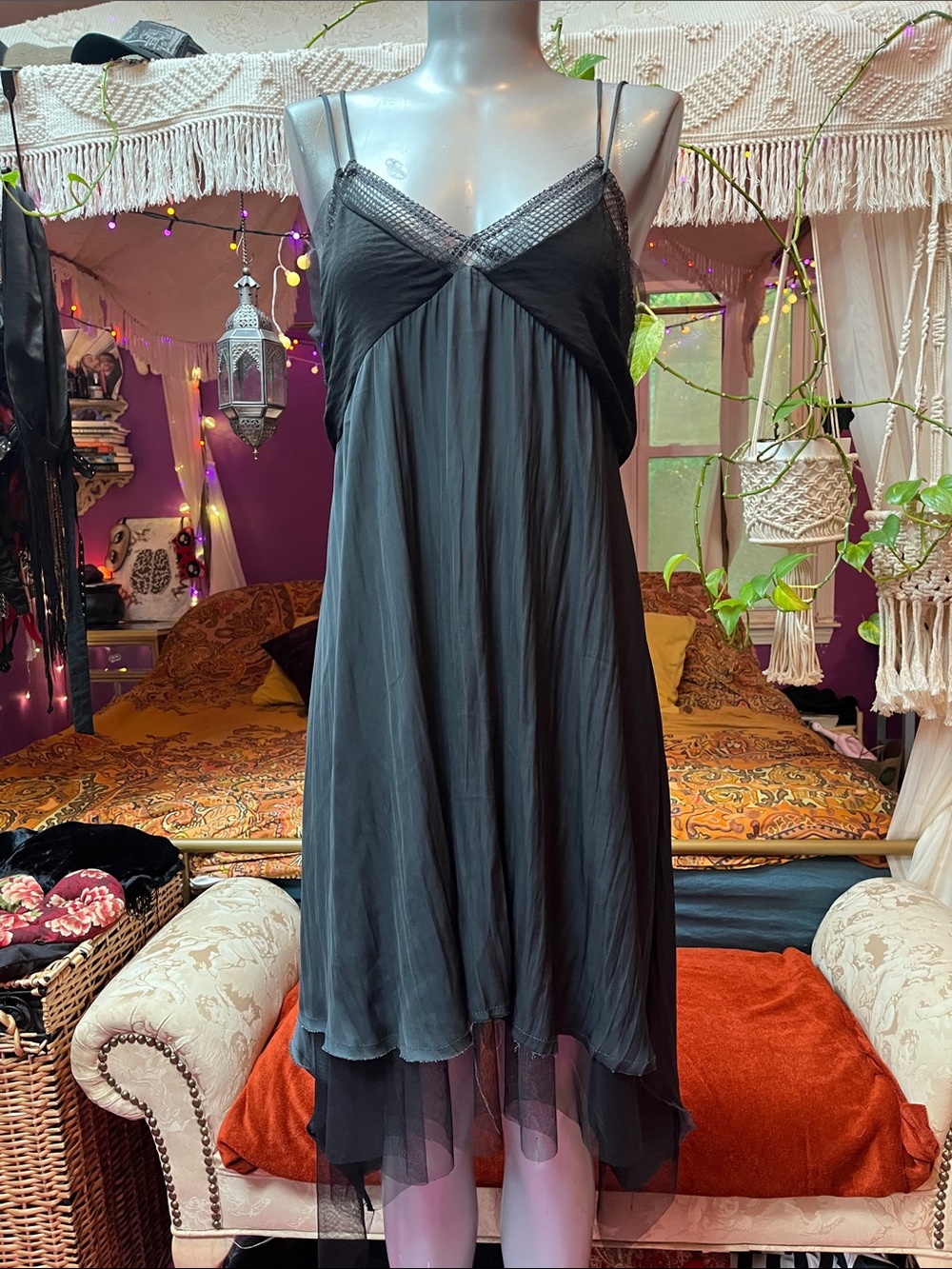 Witchy Goth black + Gray fishnet mesh asymmetrical dress